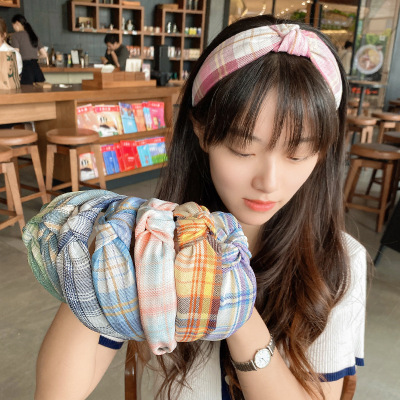 Korean Style Fresh Wide-Edged Headband Irregular Plaid Headband Female Korean Style Japanese Style Simple out Face Washing Hair Accessories