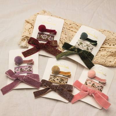 Korean Style New Coral Fleece Bow Hair Clip Children's Vintage Embroidered Fabric BB Clip Word Hair Ball Hair Clip Suit