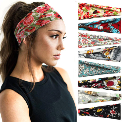 Cross-Border Amazon European and American Sport Headband for Women Yoga Hair Band Sweat Absorbing Antiperspirant Wide-Brimmed Printed Headscarf Headdress