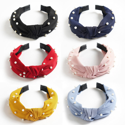 Europe and America Cross Border Hot Sale Amazon AliExpress Ins Style Chiffon Beaded Headband Women's Pearl Headband Wholesale