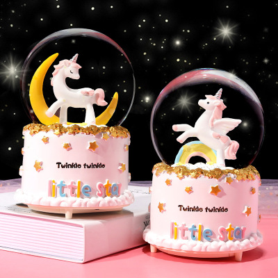 Creative Fantasy Girls' Favorite Rainbow Moon Unicorn Crystal Ball Music Box Snowflake Children Girl's Birthday Gift