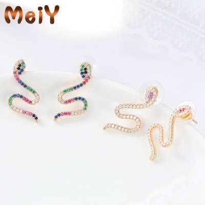 Meiyu Europe and America Creative Design New Long Snake Earrings Fashion Micro Inlay Full Diamond Asymmetric Ear Studs Earrings