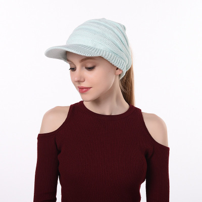 Factory Direct Supply New European and American Style Solid Color plus Brim Knitted Hat Cap with Hair Extensions Warm Hat Travel Sleeve Cap Wholesale