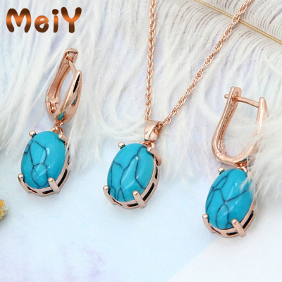 Meiyu Cross-Border New European and American Fashion Bohemian Retro Ethnic Style Turquoise Earrings Necklace for Women Two-Piece Set