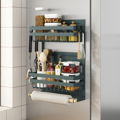 Kitchen Rack Black Refrigerator Rack Microwave Oven Side Hanging Multi-Purpose Freshness Protection Package Magnetic Suction Punch-Free Seasoning Storage