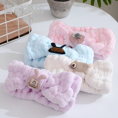 Warm Fleece Affixed Cloth Embroidered Hair Band Washing Face Hair Band Absorbent Coral Fleece High Quality Living Hall Can Be OEM