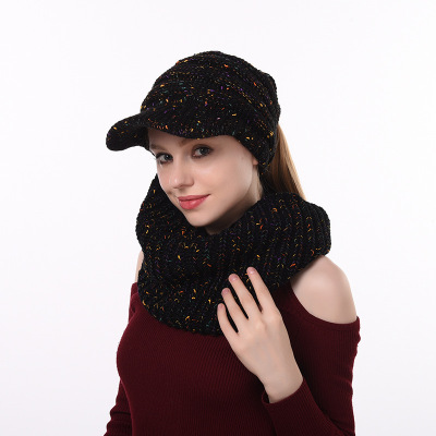 Autumn and Winter European and American Style Brim Point Yarn Knitted Hat Scarf Two-Piece Set Outdoor Travel Warm Suit Factory Direct Supply