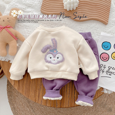 0-3 Years Old Korean Children's Clothing Girls' Fleece-Lined Suit Baby Girl Rabbit Sweater Pants Two-Piece Autumn and Winter Clothing Ct061