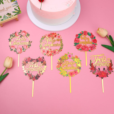 Foreign Trade Hot Sale Color Printing Flowers Acrylic Cake Insertion Factory Direct Supply Happy Birthday Cake Decoration Card