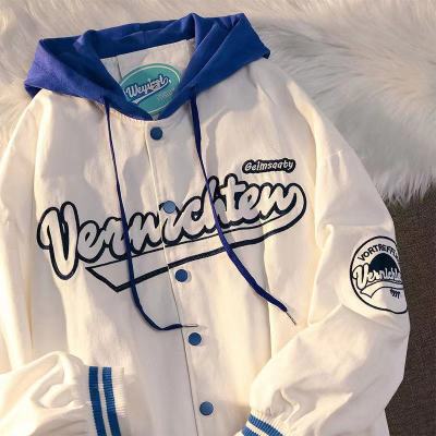   American Retro Embroidered etters Fake Two Pieces Hooded Baseball Uniform Spring and Autumn Korean Style High Street Fashion Brand Couple Jacket Jacket