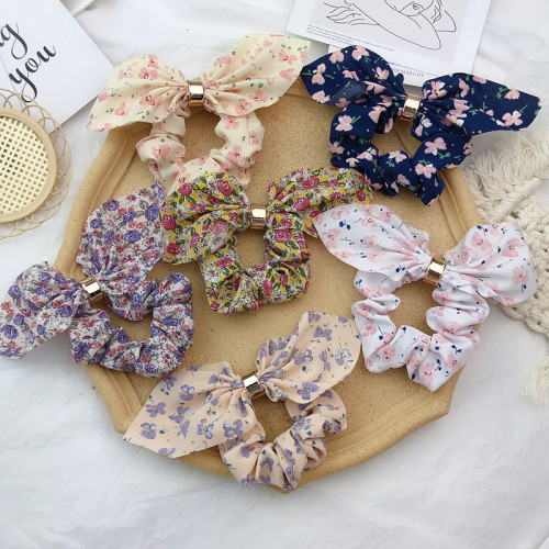 Qiyu Cross-Border New Small Floral Chiffon Hair Rope Large Intestine Ring Super Fairy Bow Ribbon Hair Ring Hair Accessories Female