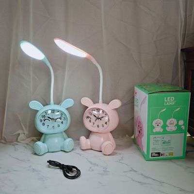 Bunny Led Cartoon Animal Small Table Lamp Learning Reading Eye-Protection Lamp Bedside Clock Night Light USB Rechargeable Desk Lamp
