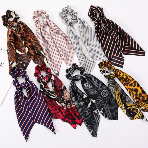 europe and america cross border new square scarf ribbon large intestine ring leopard chain vintage square scarf knotted hair ring factory wholesale