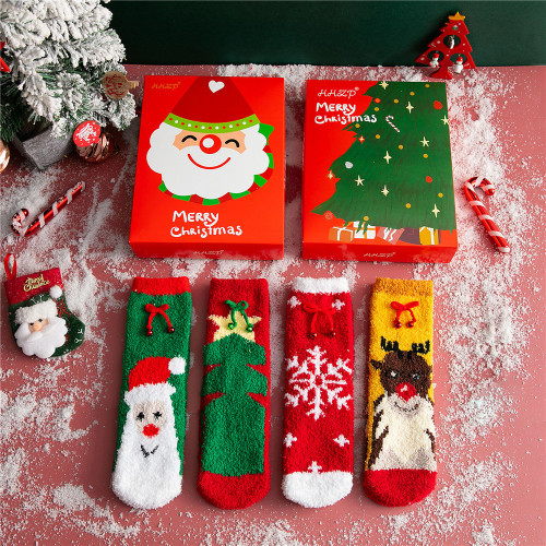 autumn and winter coral velvet christmas socks 4 pairs christmas grandpa thickened warm women‘s mid-calf socks home socks