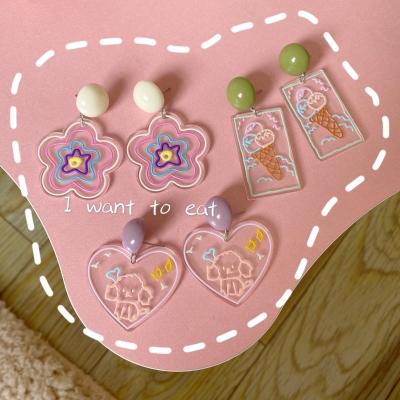 Creative Handicraft Children's Fun Acrylic Transparent Ins Ice Cream Small Flower Love 925 Silver Stud Earrings Ear Clip