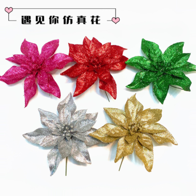 Glitter Powder Artificial Flower Christmas Decorations Christmas Tree Pendant Home Festival Decorative Flower Silk Flower