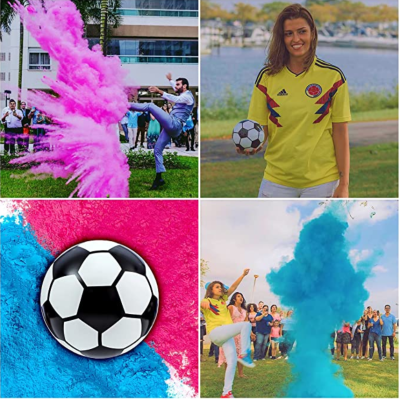 Gender reveal blue pink boy girl football scoccer with powder smoke