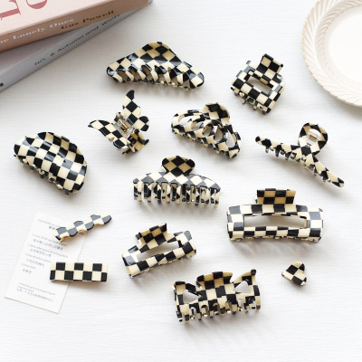 New European and American Simple Retro Black and White Chessboard Series Semicircle Medium Acetate Hairpin Back Head Updo Hair Claw
