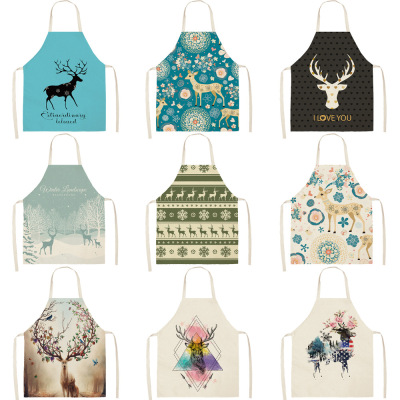 Amazon Apron Foreign Trade Christmas Elk Series Kitchen Household Apron Support Drawing Cotton and Linen Apron