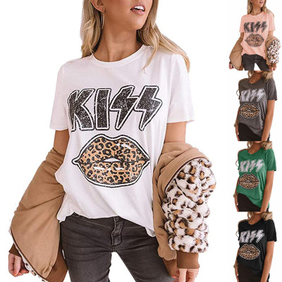 Amazon Cross-Border Foreign Trade Women's Shirt Kiss Letter Print Leopard Print Lip round Neck Short Sleeve T-shirt