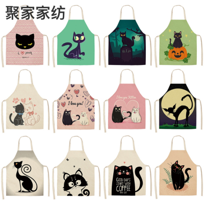 Wholesale Apron Cotton and Linen Creative Cartoon Cat Printing Apron Home Cooking Oil-Proof Apron Can Be Customized