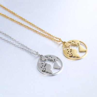 Cross-Border Hot Selling World Map Travel Necklace Fashion Stainless Ornament Hollow Earth Pendant Female Clavicle Chain