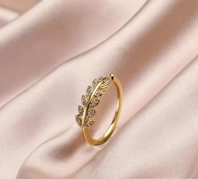 Wangbang Creative Style Fashion Diamond-Embedded Fresh Leaf Ring Female Japanese and Korean Leaf Little Girl Open Ring Direct Sales