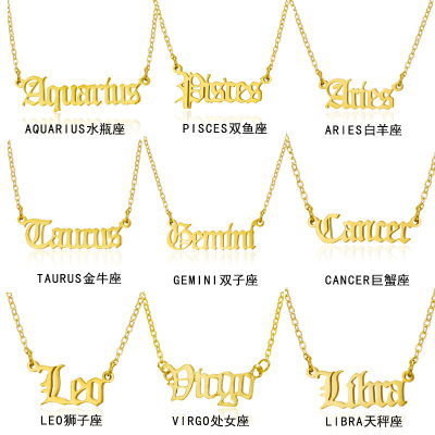 Cross-Border Hot Selling Stainless Steel Vintage Constellation Necklace European and American Twelve Constellation Ancient English Letter Collarbone Necklace Necklace
