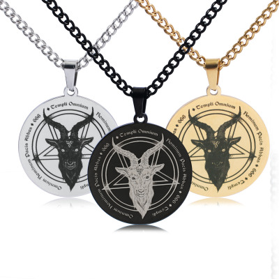 Foreign Trade Hot Sale Stainless Steel Solomon Satan Pentagram Skull Goat Head Logo round Pendant Men's Necklace