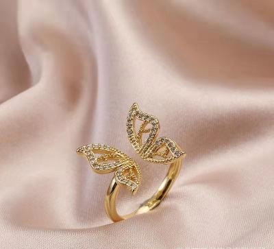 Factory Real Pin Micro Inlaid Zircon Open Adjustable Ring Female Creative New Hipster Butterfly Jewelry Ring Ornament
