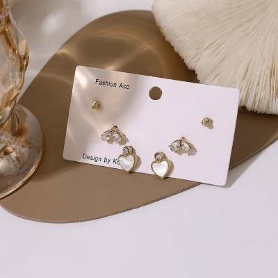 Sterling Silver Needle Korean Shell Rhinestone Love Special-Interest Design All-Match Fashion Trending Stud Earrings Earring Set Women