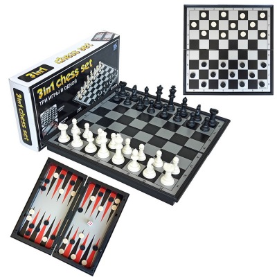 Plastic Foldable Chessboard Small Magnetic Western Backgammon, Checkers, Chess 3-in-1 Set