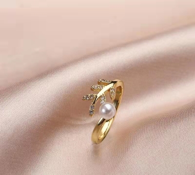 Factory Direct Sales Open Ring Cross-Border Hot Leaf Pearl Diamond Ring Korean Accessories Fashion Fashionmonger Generation Hair