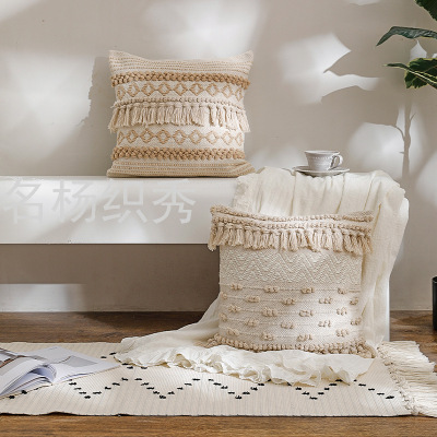 2021 New Cotton Tassel Sofa Cushion Handmade Pillow Cover Cross-Border Geometric Jacquard Bedside Cushion Pillow