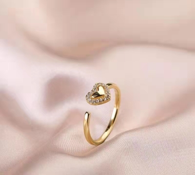 Factory Direct Sales DIY Japanese and Korean Decoration Jewelry Innovative Fashion Ins Micro-Inlaid Full Diamond Ring Hollow Double Love Heart-Shaped Ring