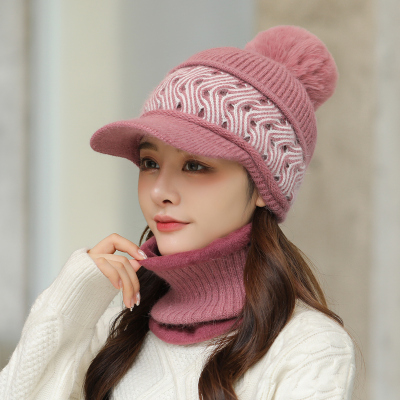 Autumn and Winter Cold-Proof Warm with Velvet Thickened Hat Women's Ear Protection Scarf Two-Piece Set Korean Style Fashionable Knitted Woolen Cap