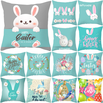 Easter Peach Skin Fabric Pillow Cover Lake Blue Series Rabbit Egg Printing Cushion Cover Amazon Hot Home