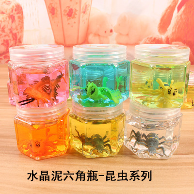 Factory Wholesale Insect Series Hexagonal Bottle Crystal Mud Colored Clay DIY Jelly Mud Sparkling Mud Transparent Crystal Mud