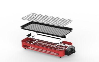 9002 Red Household Electric Baking Pan Foot Plate Non-Stick Barbecue Teppanyaki Electric Heating Roaster Stainless Steel