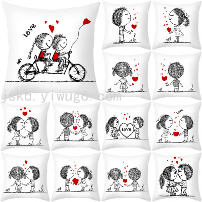 Amazon Hot Home Valentine's Day Pillow Cover Peach Peel Printing Lovers Love Sketch Back Cushion