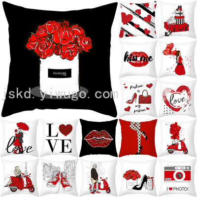 Valentine's Day Pillow Cover Peach Peel Printing Red Rose Love Throw Pillowcase Home Living Room Sofa Bedroom Cushion