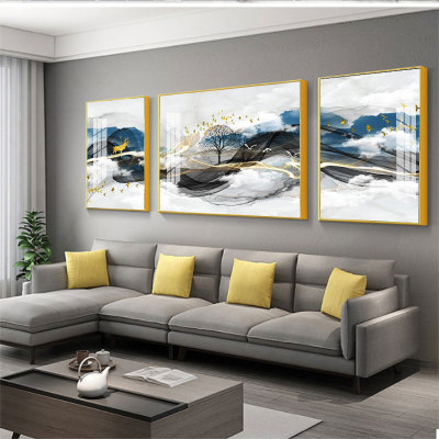 Luxury Chinese Landscape Decorative Painting Sofa Background Wall Mural Living Room Crystal Porcelain Material Triple Wall Painting Decoration