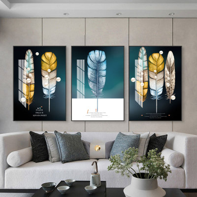 Trendy Light Luxury Feather Pattern Room Wall Decorative Painting Modern Sofa Background Hotel Crystal Porcelain Triptych