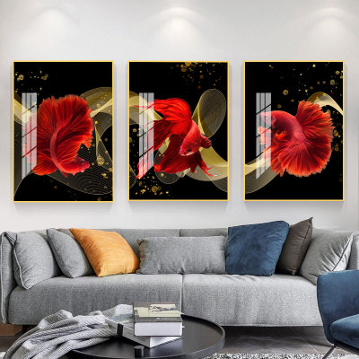 Modern Goldfish Pattern Living Room Crystal Porcelain Decorative Wall Painting Light Luxury Sofa Background Triple Wall Decoration Hanging Painting
