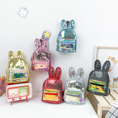 New Children's Bags Korean Style Trendy Grid Sequined Rabbit Ears Small Backpack Cute Kindergarten Backpack