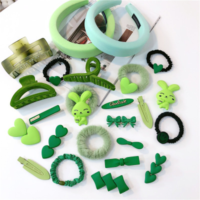 Korean Style Elegant Green Bow Small Intestine Hair Ring Simple Love Heart-Shaped Hairpin Duckbill Clip Sub-Side Clip Headband Hair Accessories Female
