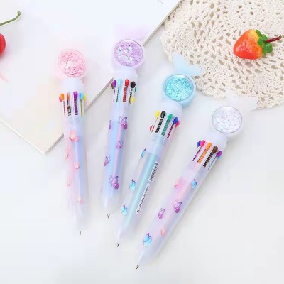 Cartoon Butterfly Sequins Ten Color Ballpoint Pen Student Girl Heart Hand Account Pen Press 10 Color Pen Student Stationery Wholesale