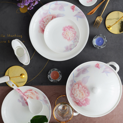 Huaguang Ceramic Porcelain Bone China Tableware Suit Bowl and Dish Set Household Chinese in-Glaze Decoration Blossom in the Field