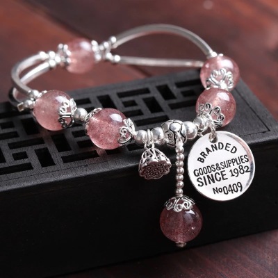 925 Sterling Silver Bracelet Women's Fashion Strawberry Quartz Single Circle Creative Attracting Male Pink Crystal Bracelet Elegant Jewelry