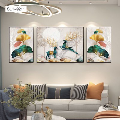 Modern Light Luxury Simple Living Room Decorative Painting Atmospheric Elk Crystal Porcelain Painting Sofa Background a Deer Has You Triptych